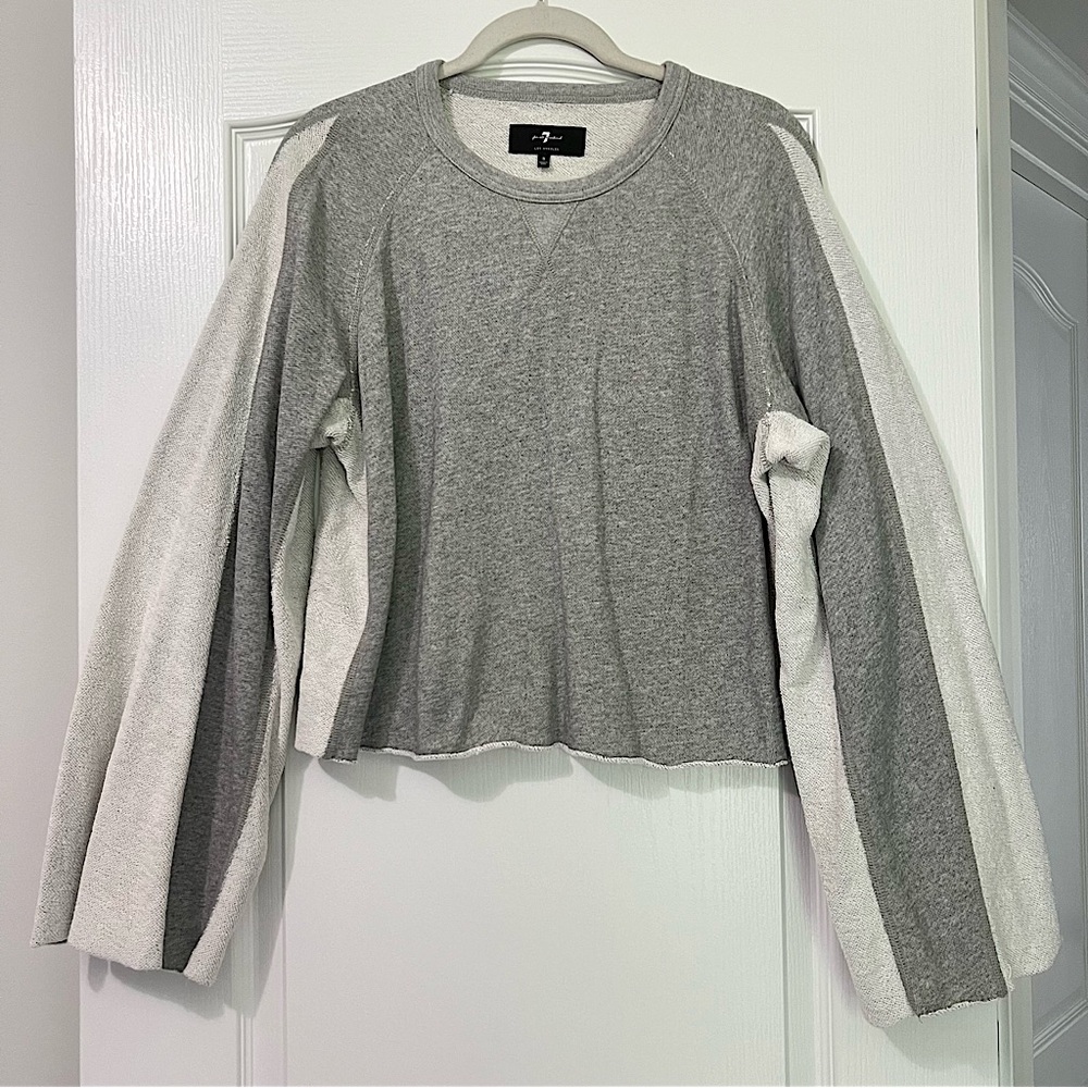 7 For All Mankind Gray and White Bell Sleeve Crop Crew Neck Sweater